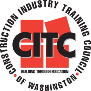 Logo of the Construction Industry Training Council of Washington, featuring red and black text "CITC" with the motto "Building Through Education" below. The Council name encircles the logo.